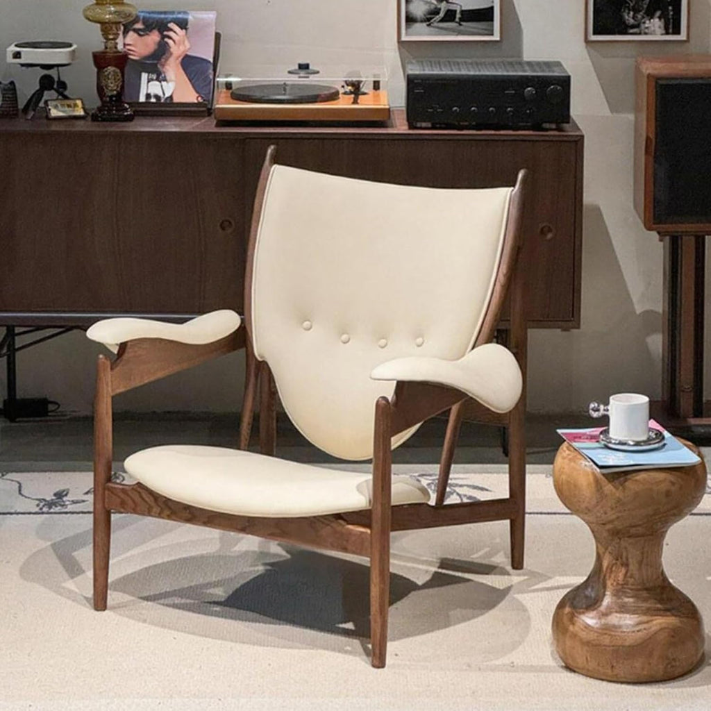 Inspired Chieftain Style Lounge Chair — Ivory White Top-Grain Leather, Walnut Frame