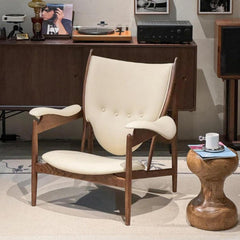 Inspired Chieftain Style Lounge Chair — Ivory White Top-Grain Leather, Walnut Frame