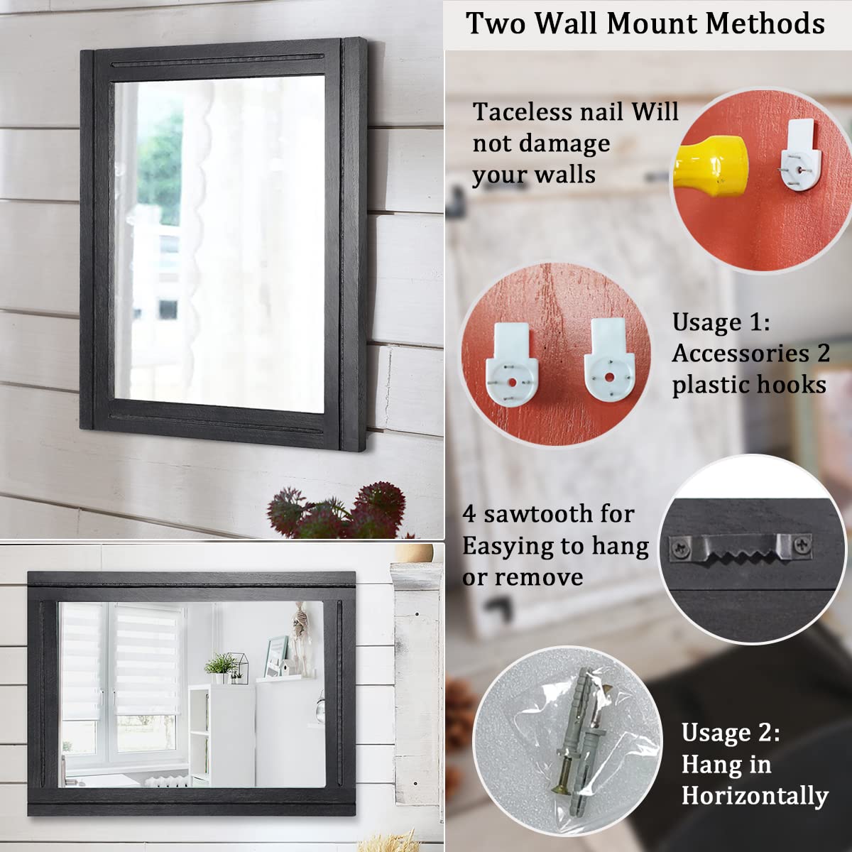 Black Mirrors for Wall Rectangle Wood Framed Large Hanging Mirror