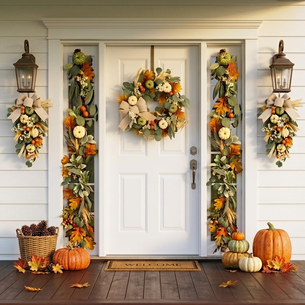 24'' Fall Wreaths for Front Door with LED Lights