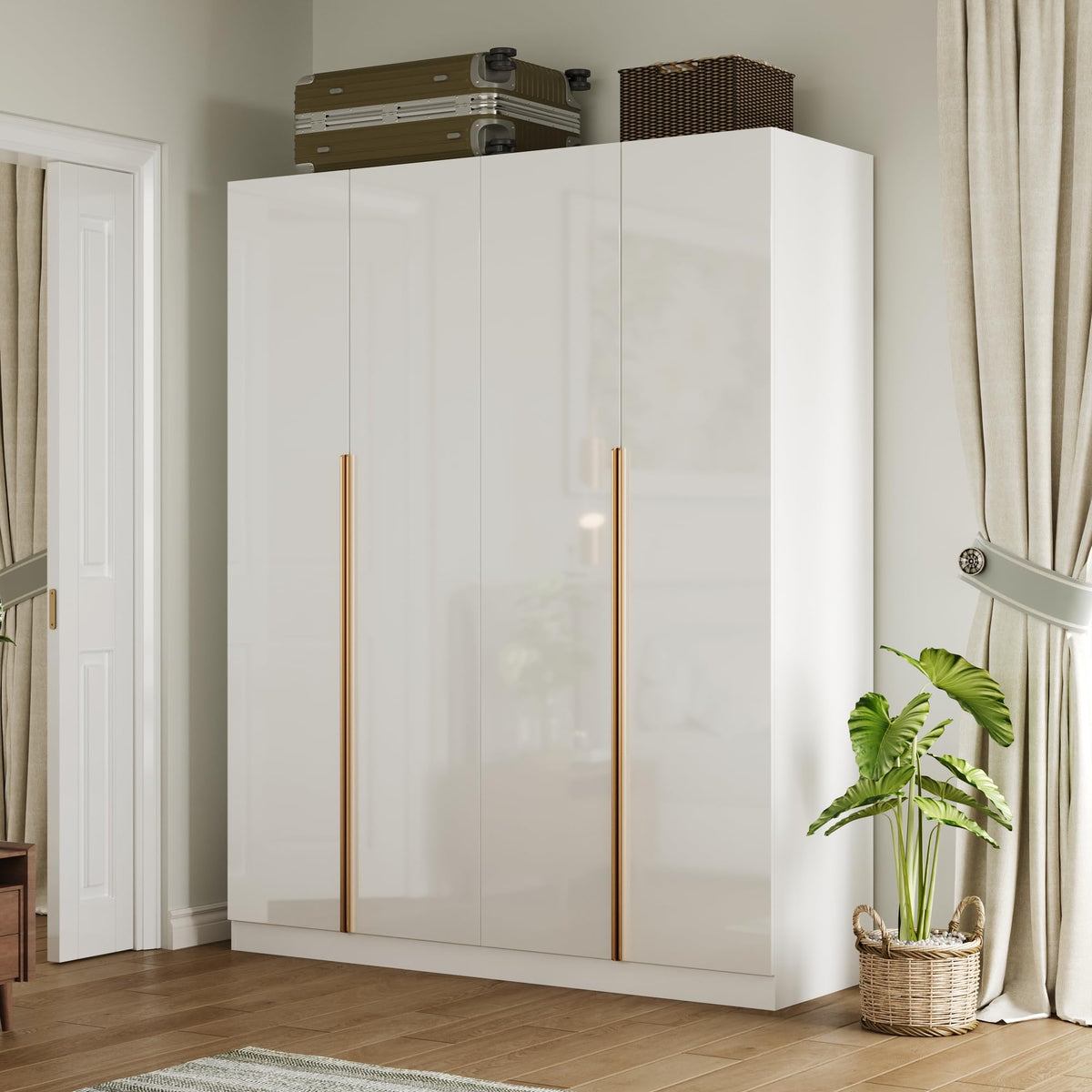 63" W Wardrobe Closet Armoire with 4 Glossy Doors, Wooden Bedroom Clothing Storage Cabinet with 3 Hanging Rods & 10