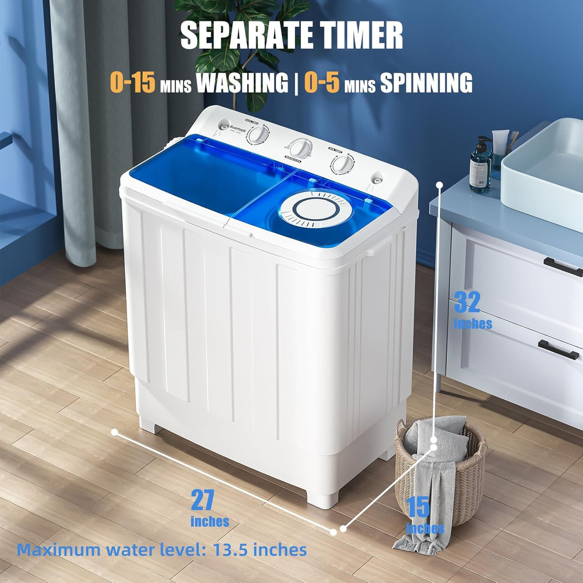 Portable Washing Machine, 28lbs Twin Tub Washer Mini Compact Laundry Machine with Drain Pump, Semi-automatic 18lbs