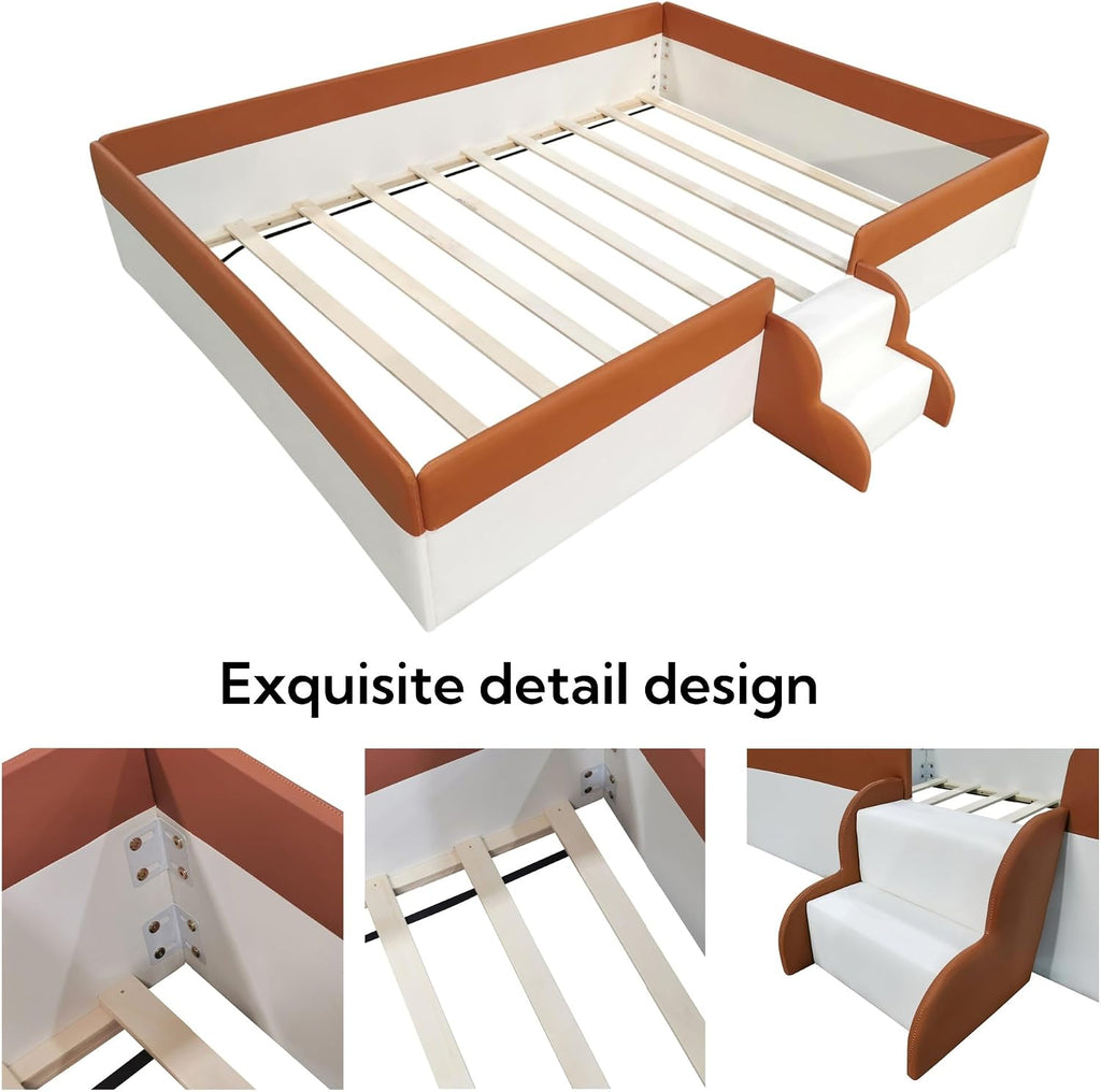 Queen Size Upholstered Kids Daybed Frame with Fence and Stairs, Wood Bed , Floor Bed, White+Brown