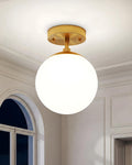 Semi Flush Mount Ceiling Light 8" Globe Mid Century Modern Light Fixture Milk Glass with Gold Brass Finish Light