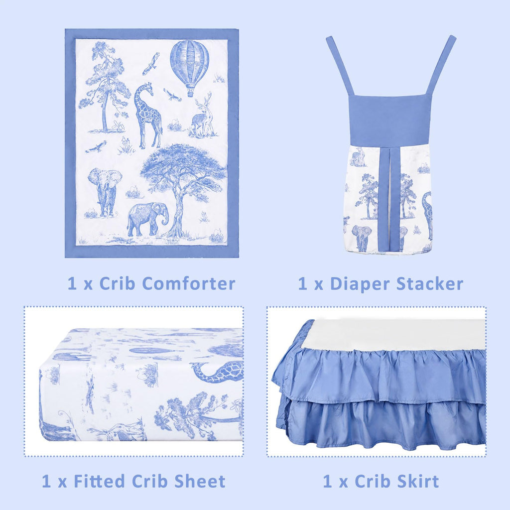 4-Piece Crib Bedding Set for Baby Boys, Blue Elephant Nursery Bedding Set Includes Comforter, Fitted Crib Sheet, Crib