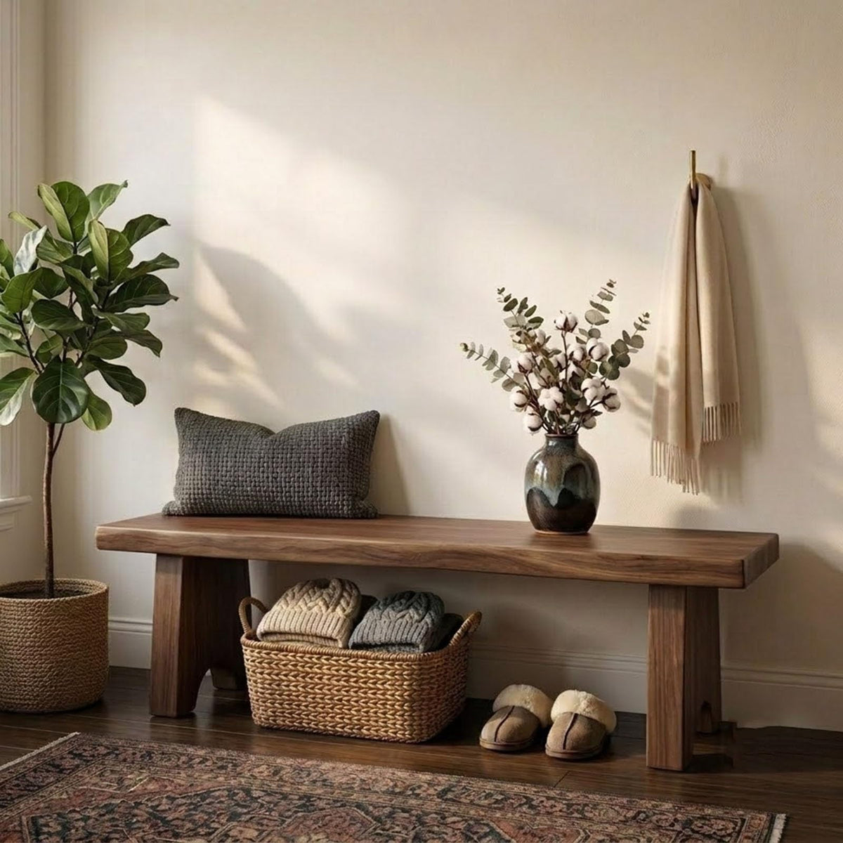 Farmhouse Solid Wood Entryway Bench, Rustic Indoor Shoe Bench