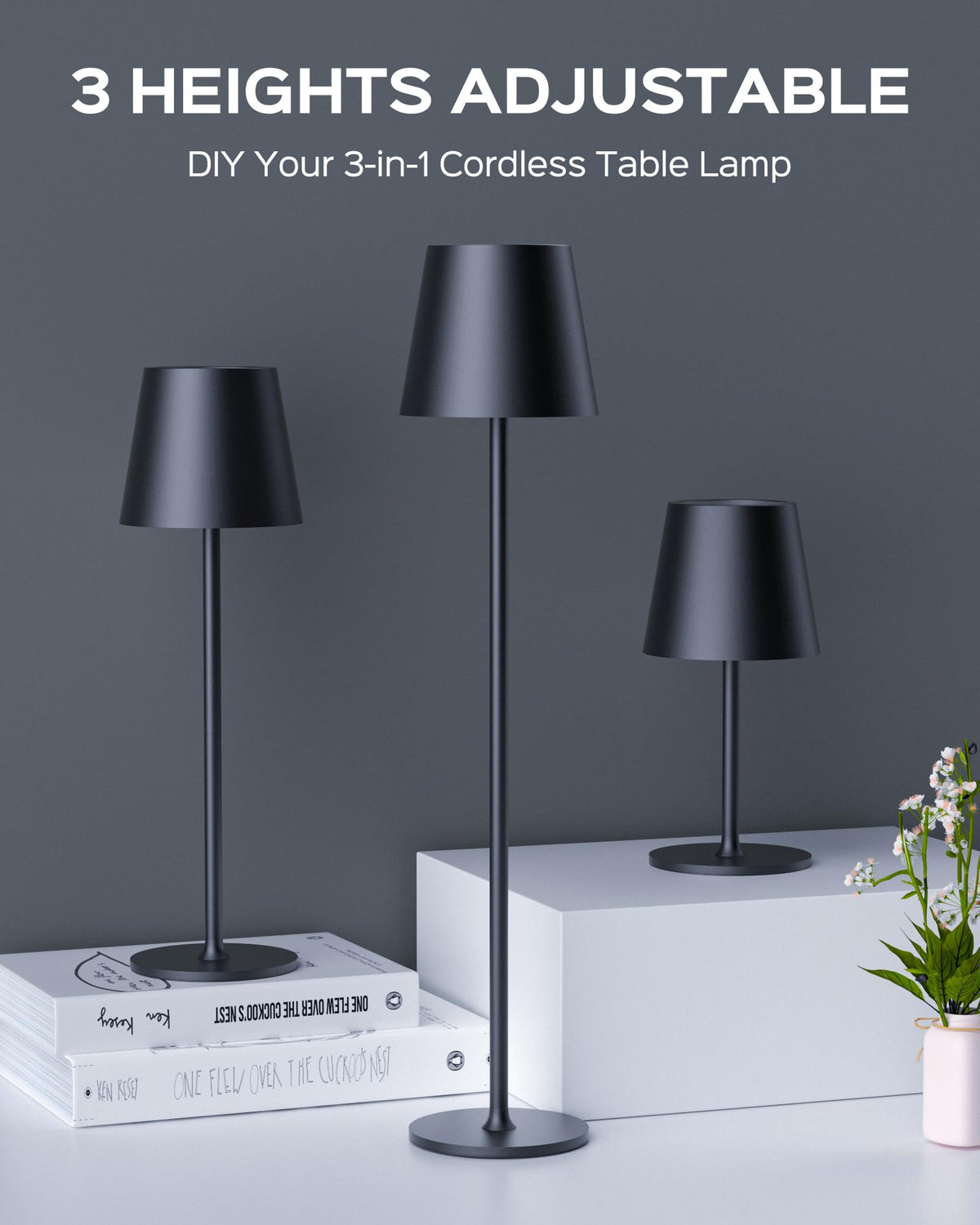 Cordless Table Lamps Rechargeable, 3 Adjustable Height, 5000 Capacity Operated, 3 Colors Smooth Dimming, Portable LED