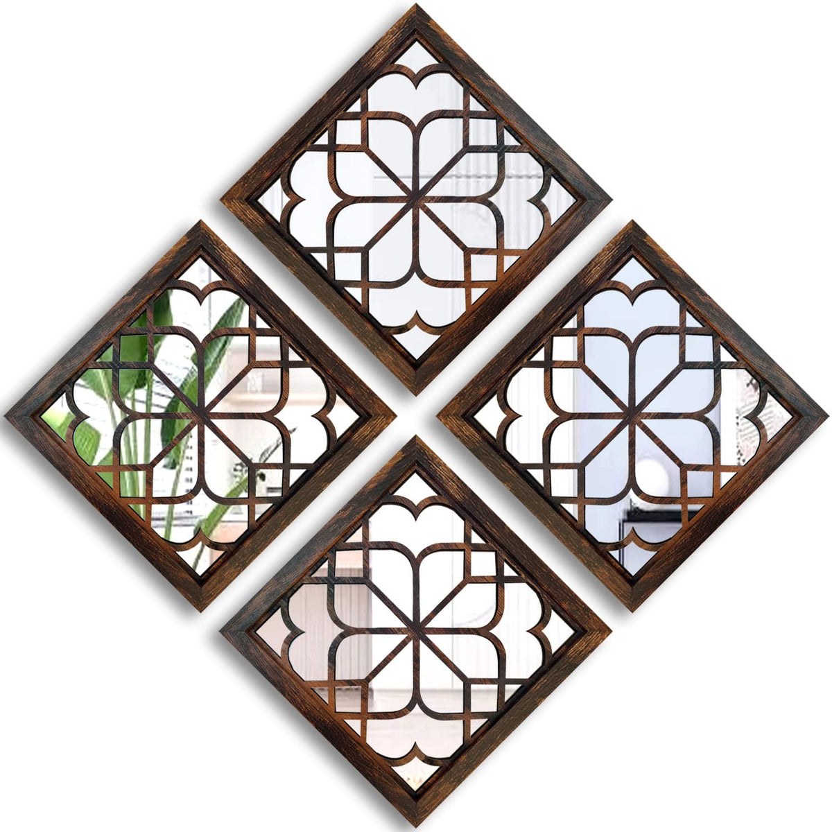 Set of 4 Mirrors Square Wall Mirror,Gorgeous Rustic Farmhouse Accent Mirror,Caramel Color Entry Mirror