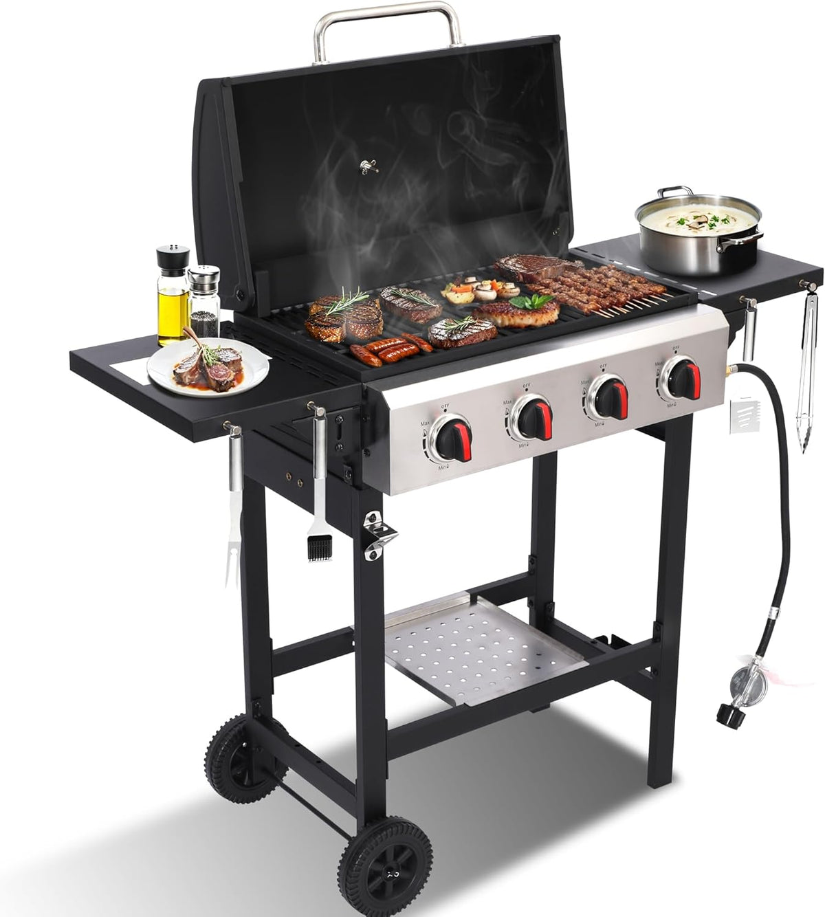 4-Burner Propane Gas Grill, 40,000 BTU BBQ Grill with Cast Iron Grates and Grease Management System