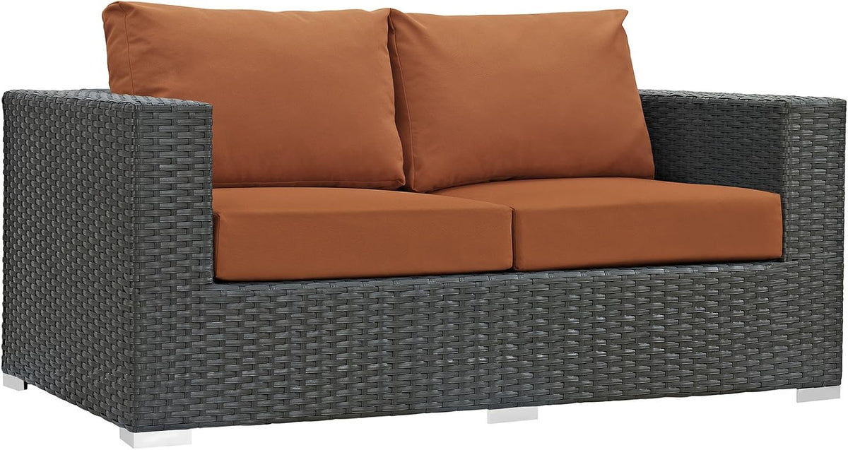 Sojourn Wicker Rattan Outdoor Patio Sunbrella Fabric Loveseat in Canvas Tuscan
