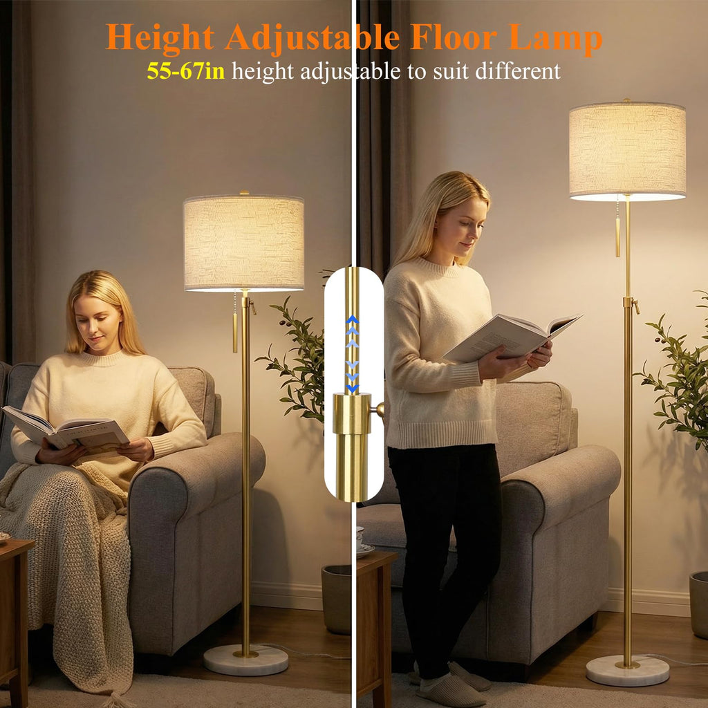 Gold Floor Lamps, 55"-67" Height Adjustable Modern Tall Lamp, 3-Way Dimmable Standing Lamp Office Reading Corner