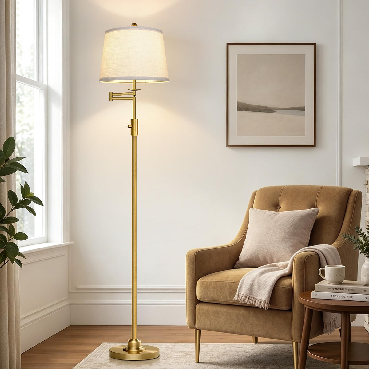 Dimmable Floor Lamp with 350° Swing Arm, 9w Bulb Included, Antique Brass