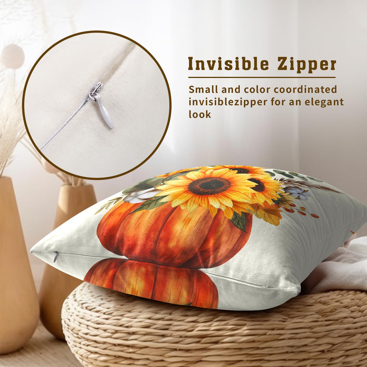Fall Sunflower Pumpkin Pillow Cover Set of 2-22x22 Inch Autumn Flower Floral Harvest Seasonal Decorative Sofa Couch