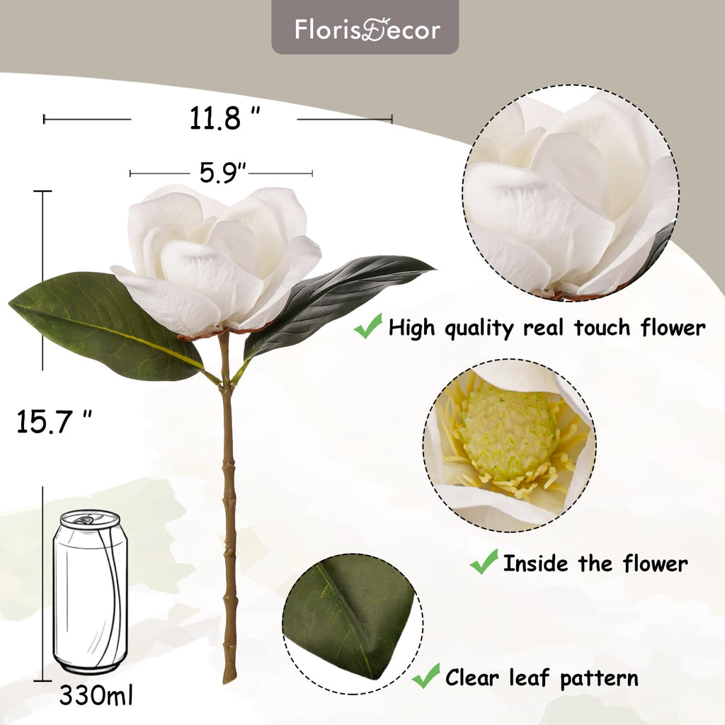 3 Stems Real Touch Creamy White Southern Magnolia Flowers, Artificial Realistic Magnolia Grandiflora Décor