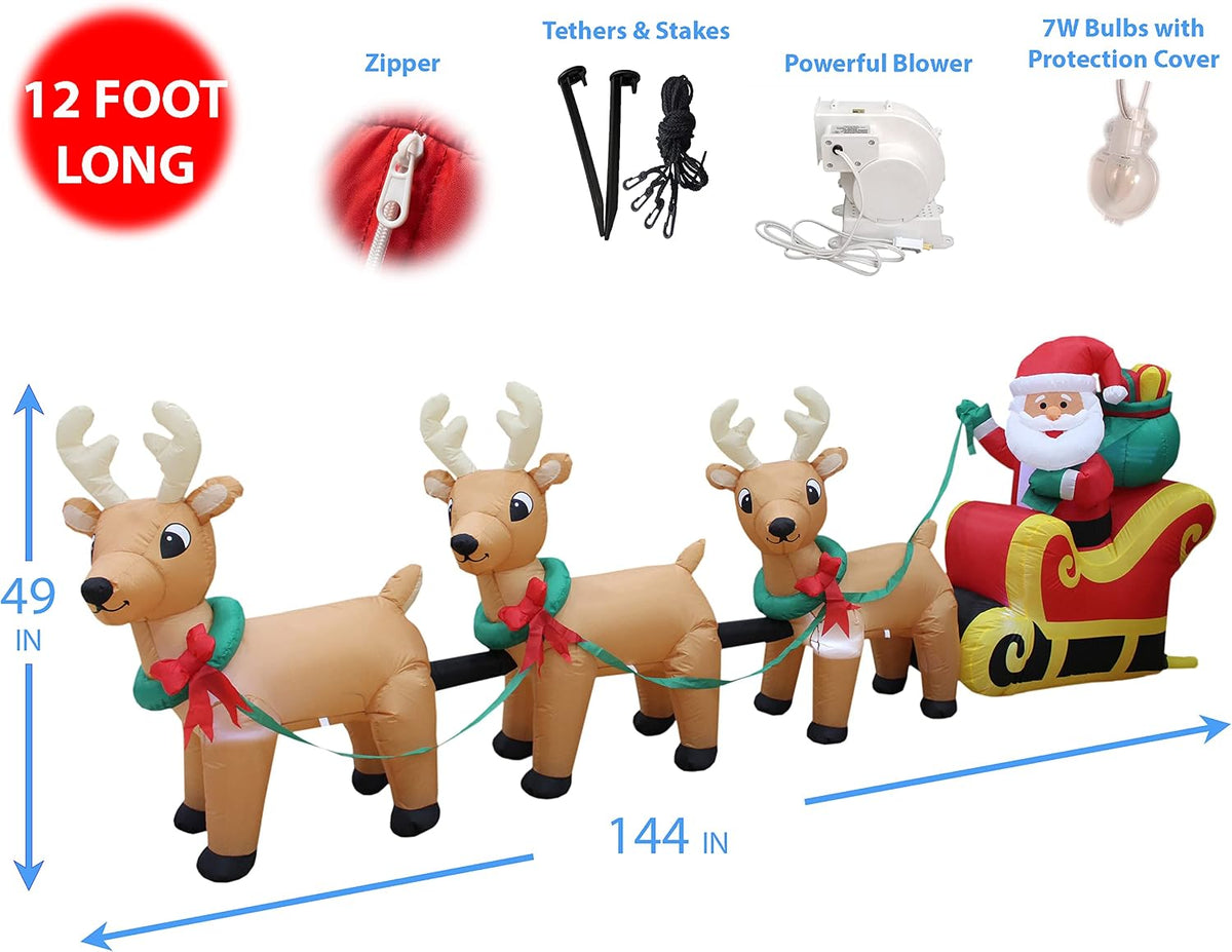 12 FT Long Lighted Christmas Inflatable Santa on Sleigh with 3 Reindeers