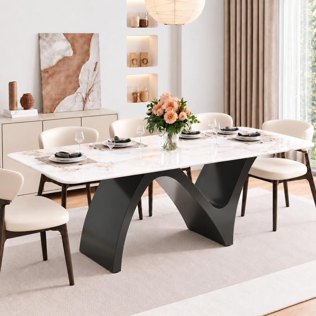 86" Modern Rectangular Dining Table for 8-10, Glossy Sintered Stone Top