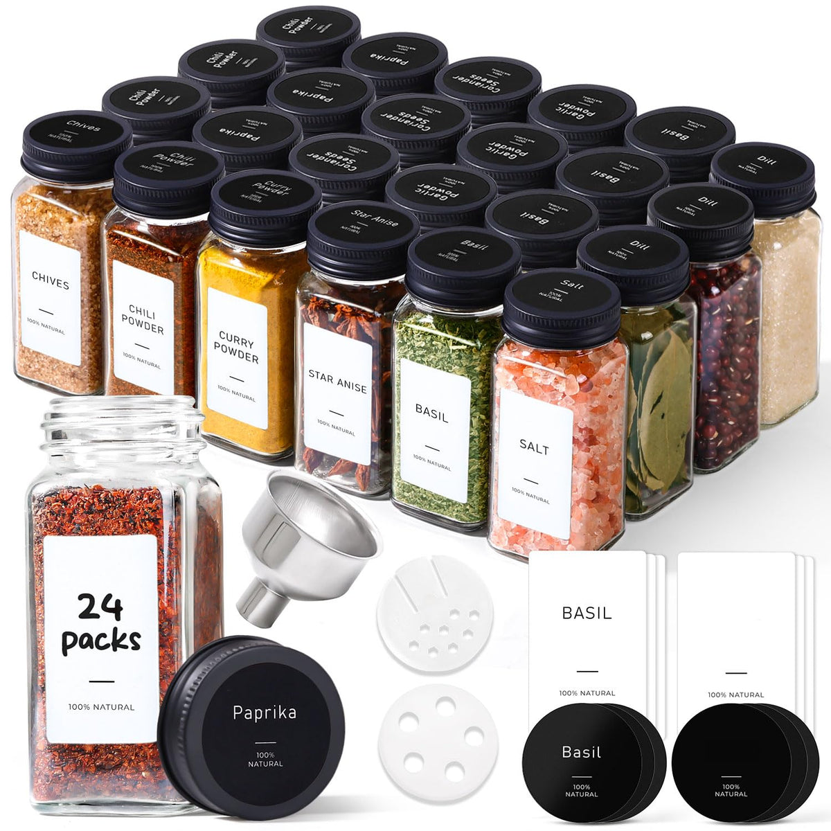 Glass Spice Jars with with Labels 4 oz 24 Pack Small Square Bulk Set