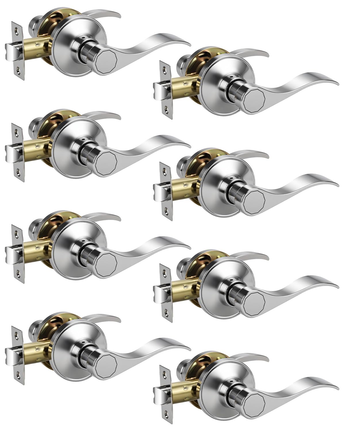 8 Pack Polished Chrome Finish Keyless Interior Door Handle, Classic Passage Door Lever Closet, Non-Locking Wave Style
