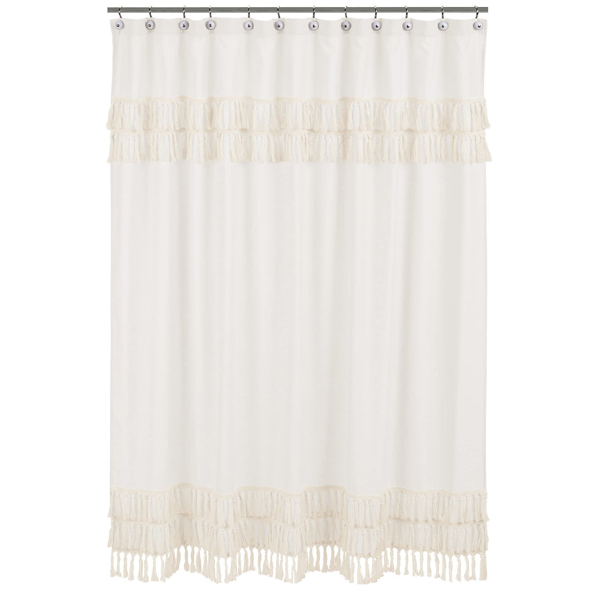 Minimalist Boho Chic Solid Ivory Cream Macrame Fringe Knotted Tassel Decorative Bathroom Fabric Bath Shower Curtain