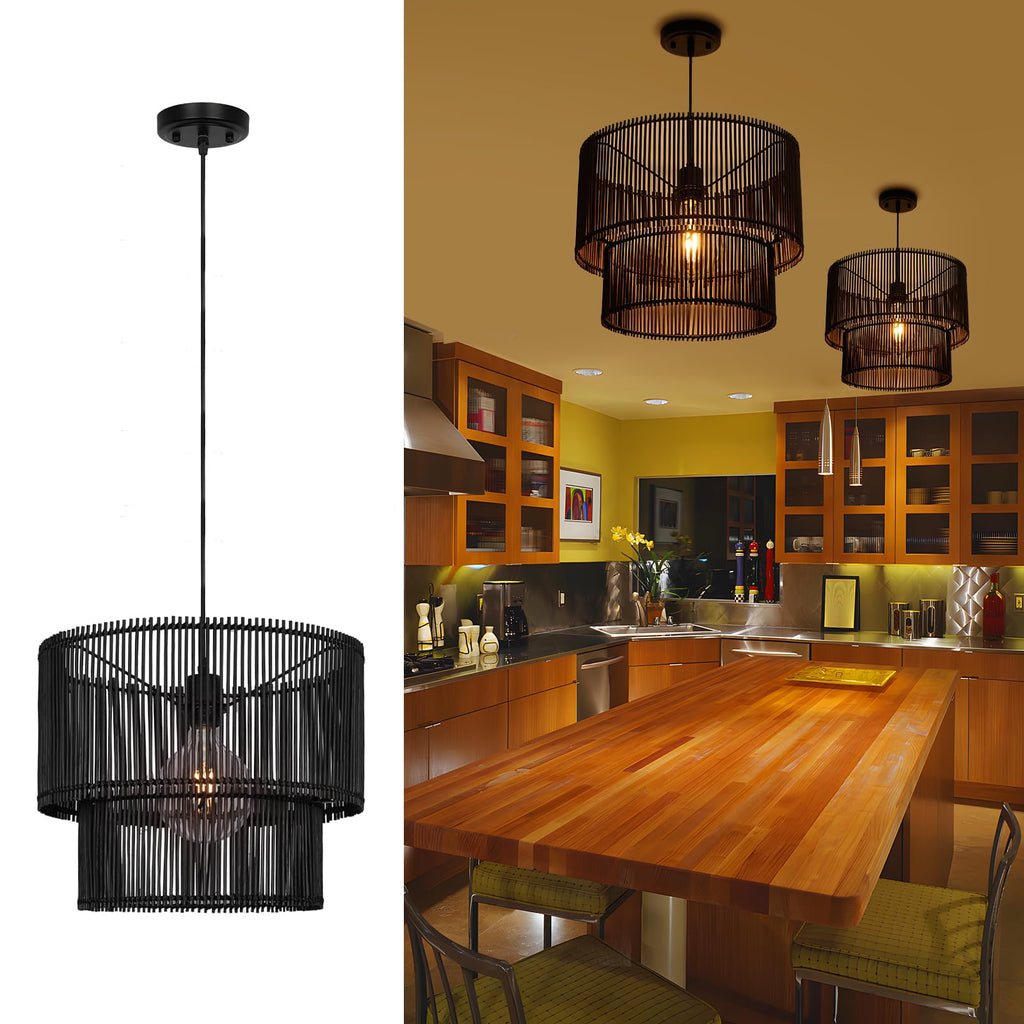 Woven Rattan Pendant Lamp, 16 Inch Large Natural Simple Hand Weaved Coastal Beach Black Rope Hanging Pendant Light