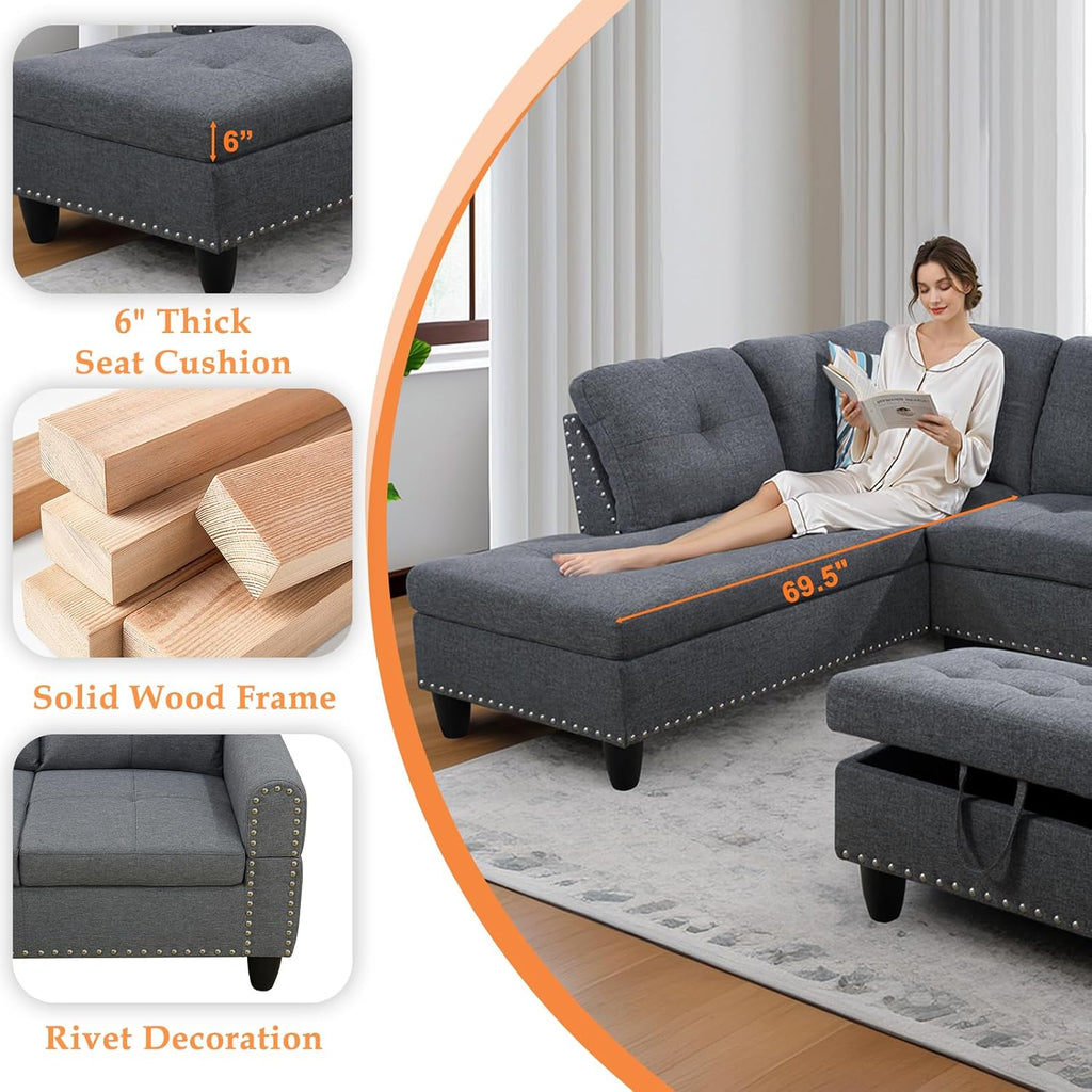 Sectional Sofa Couch, Modern 4-Seaters Living Room Furniture Sets with Chaise Lounge