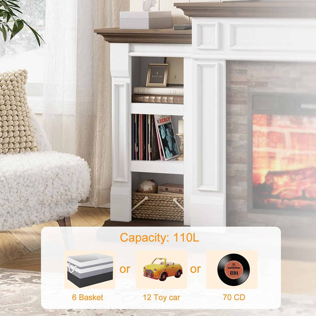 72" Electric Fireplace with Mantel and Cabinets, Fireplace TV Stand for Living Room Bedroom, Stacked Stone Surround