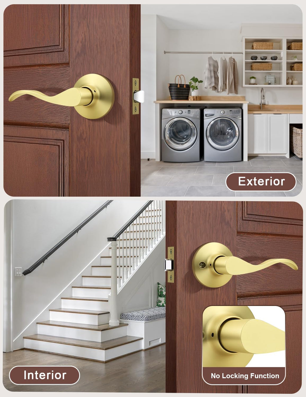 1 Pack Gold Modern Interior Passage Door Handles, Keyless Door Knob & Closet, Wave Style Non-Locking Door Lever