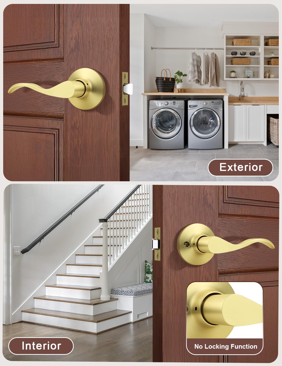 1 Pack Gold Modern Interior Passage Door Handles, Keyless Door Knob & Closet, Wave Style Non-Locking Door Lever