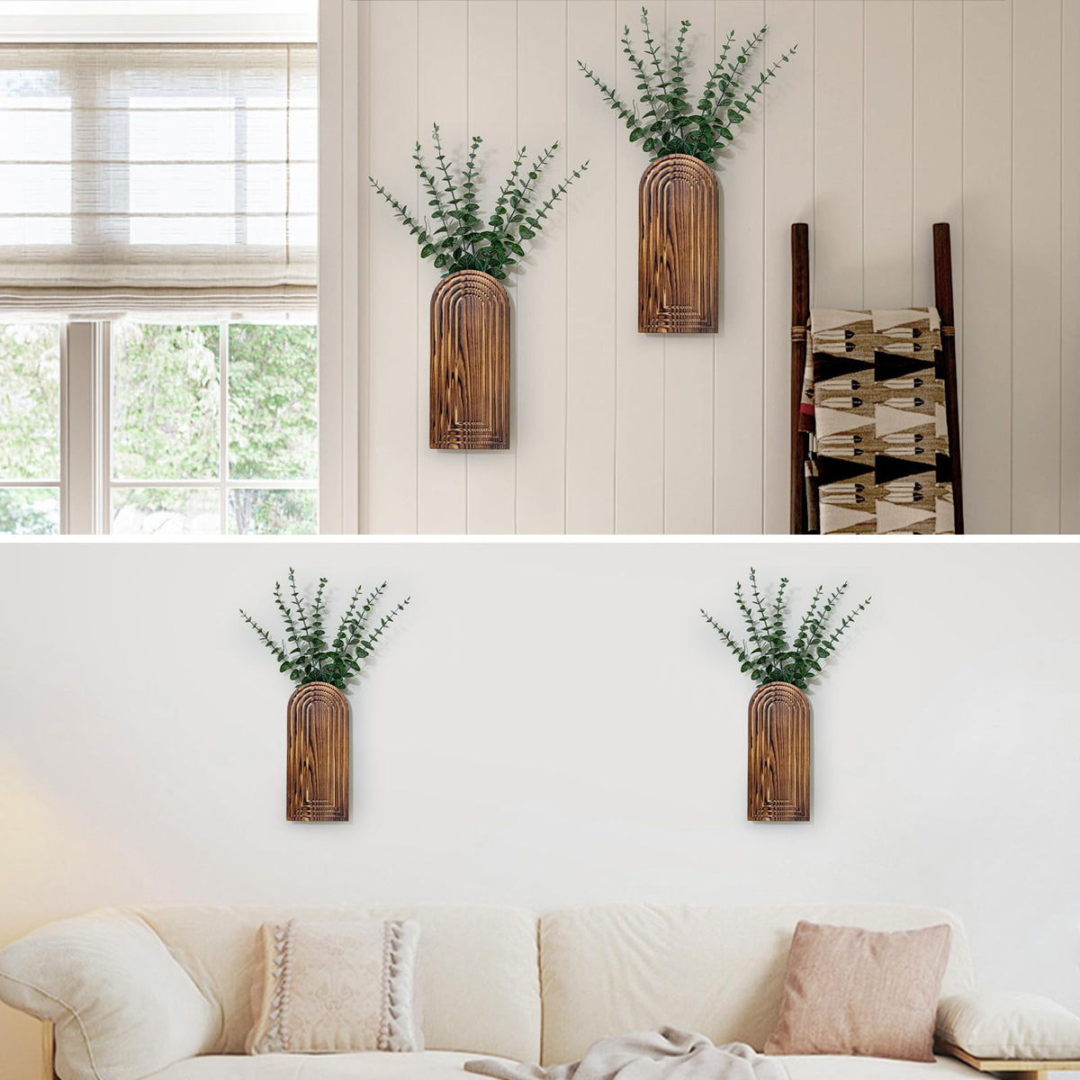 Wooden Wall Planter Vase Set of 2, Boho Hanging Planter for Indoor Plants & Flowers, Natural Wood Wall-Mounted