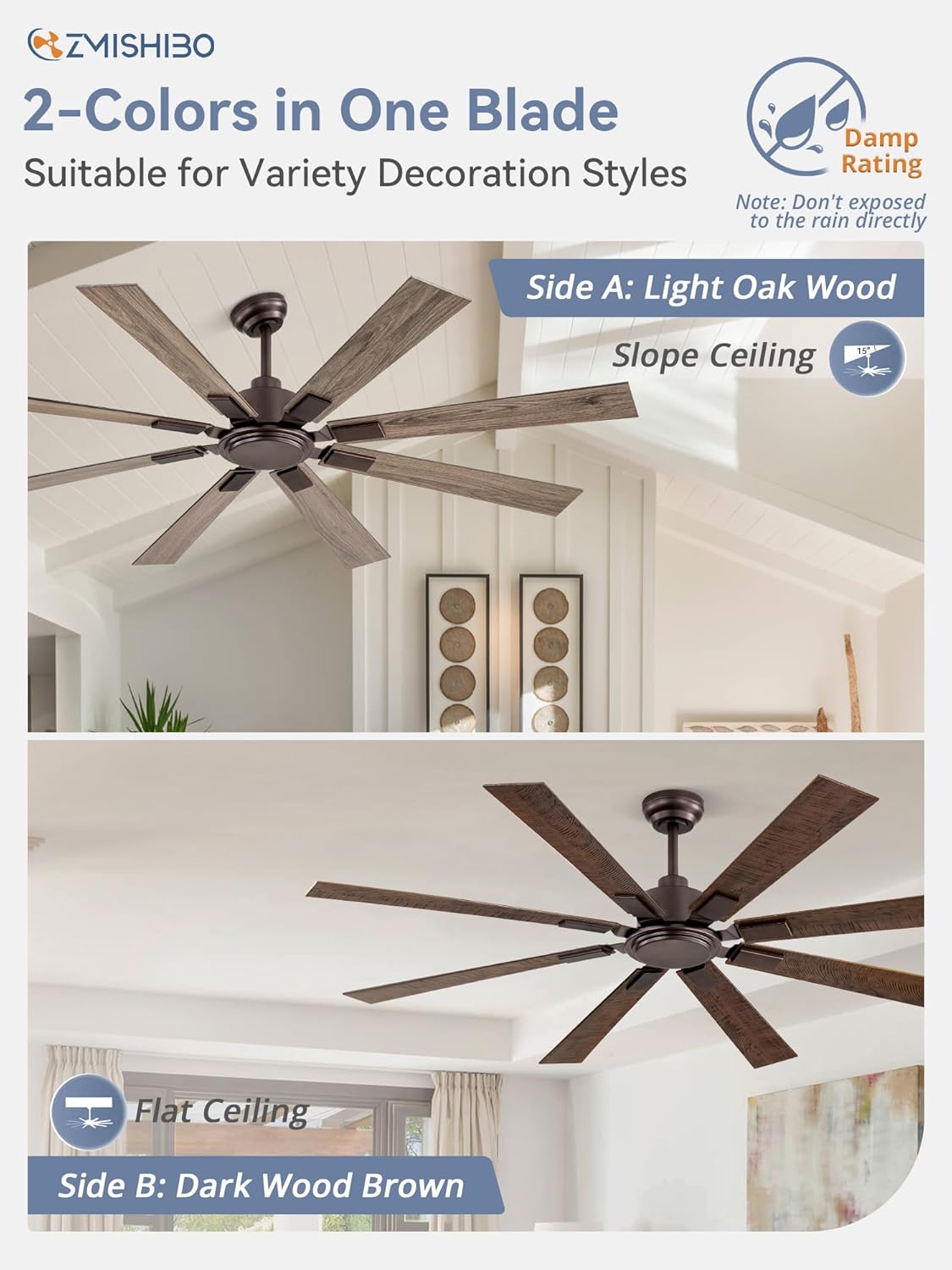 65 Inch Oil Rubbed Bronze Ceiling Fans No Light with Remote, Indoor/Outdoor Farmhouse Ceiling Fan Without Light
