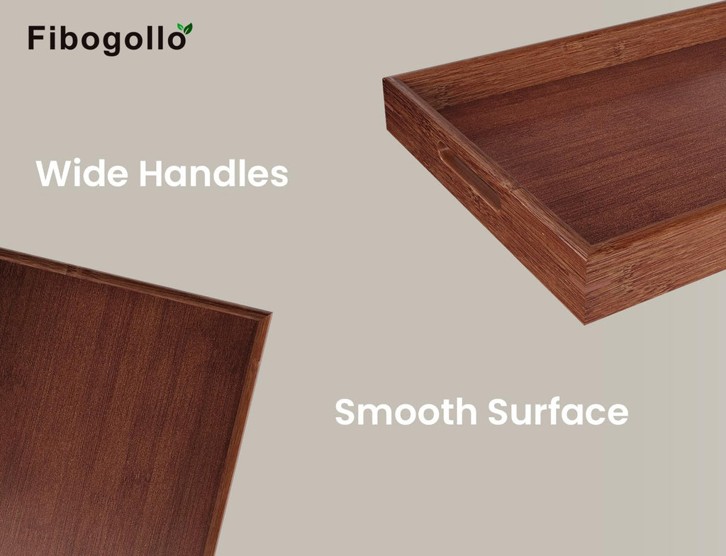 Bamboo Set of 2 Serving Tray with Handles, Decorative Trays Platter, Breakfast Tray in Bed, Food Drinks Tray for