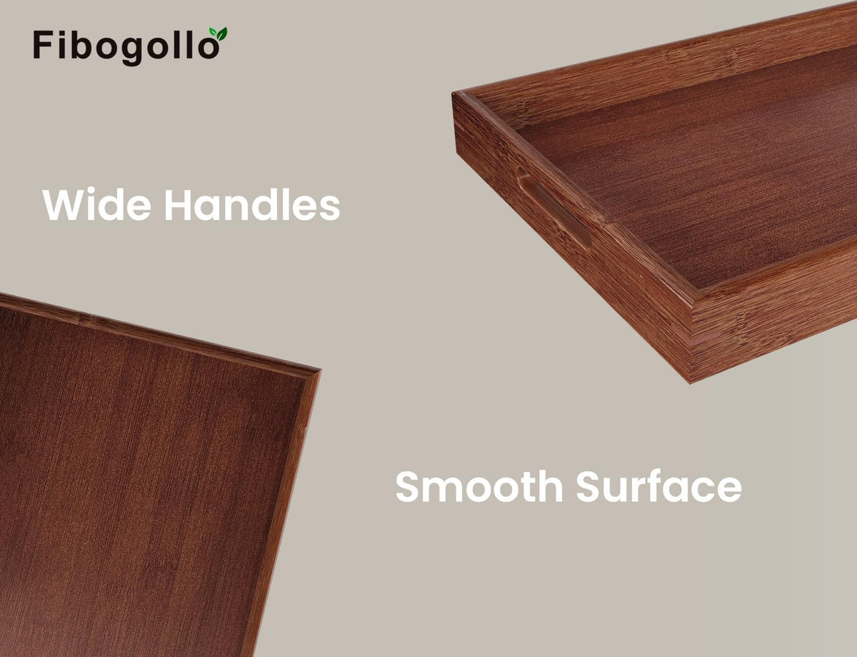 Bamboo Set of 2 Serving Tray with Handles, Decorative Trays Platter, Breakfast Tray in Bed, Food Drinks Tray for
