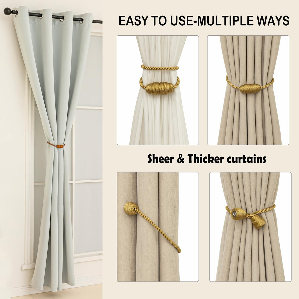 Magnetic Curtain Tiebacks Rope Curtain Tie Backs for Curtains 8 Pack Curtain Holders for Drapes Decorative Window
