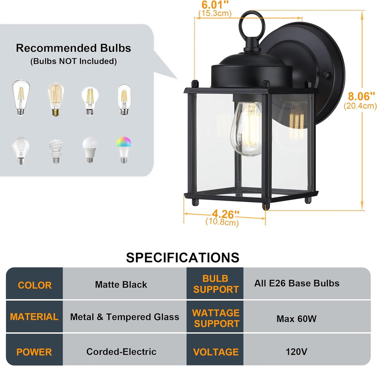 Outdoor Wall Sconce, Exterior Wall Lighting Fixtures with Clear Glass, Front Porch Lighting