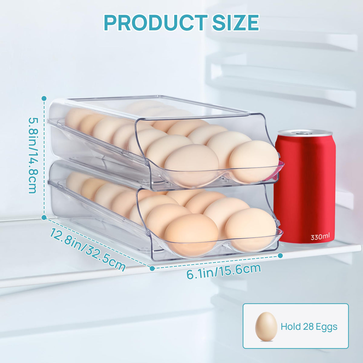 2 Pack Egg Holder for Fridge, Automatic Rolling Egg Container