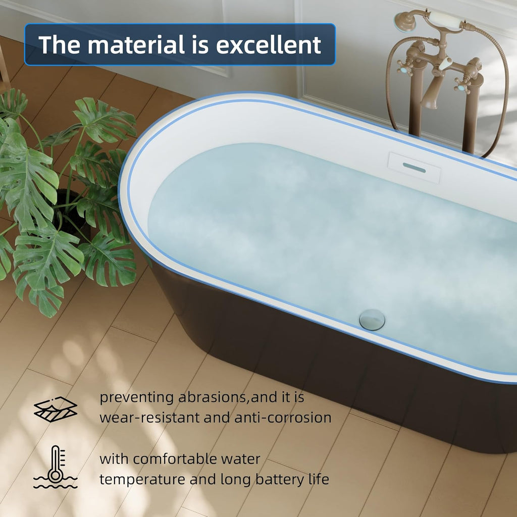59 Inch Freestanding Bathtub, Acrylic, Deep Soaking Tub with Non-Slip Base, Modern Black Free Standing Tub for Bathrooms, cUPC Certified with Chrome Drain