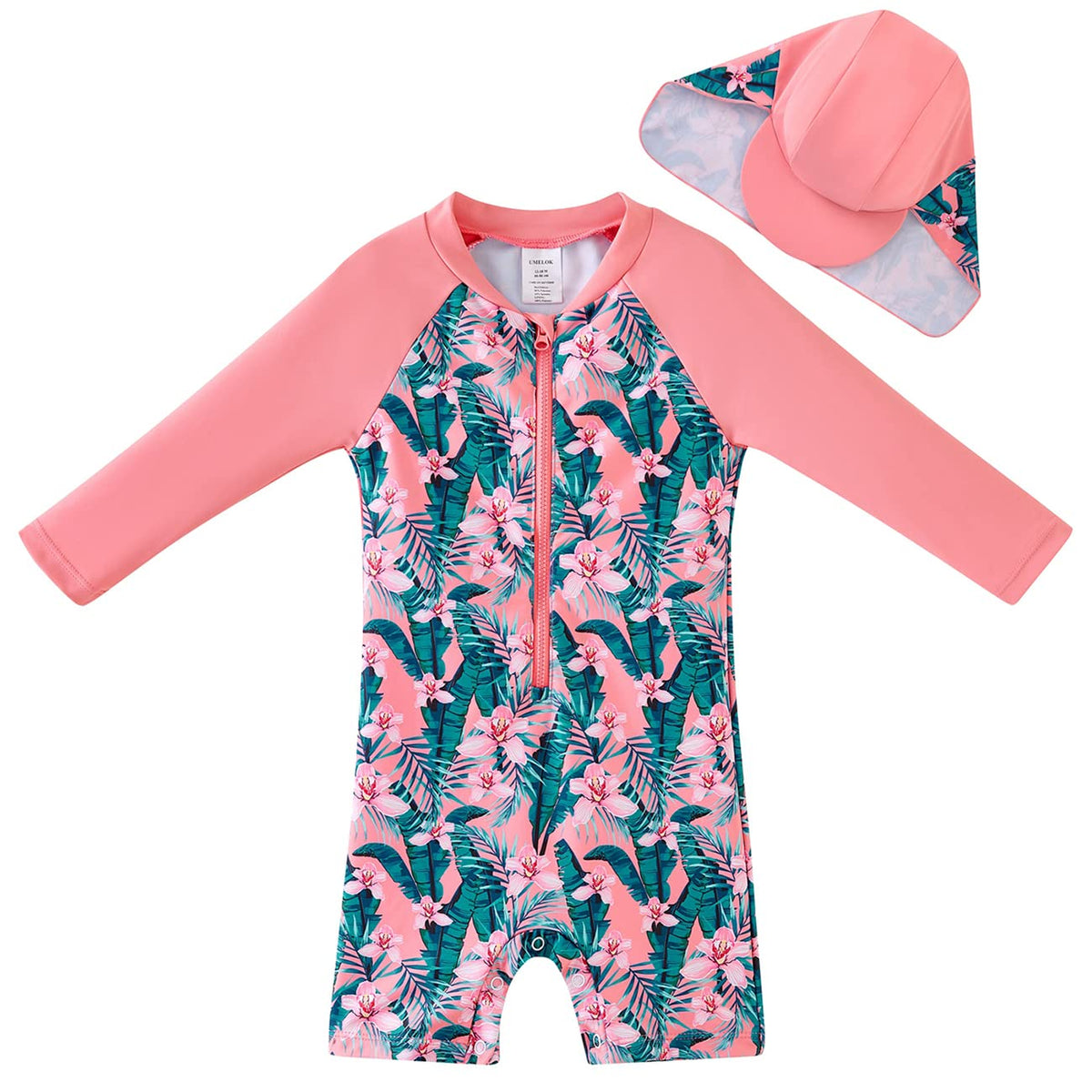 Baby Girls Swimwear Sets One Piece Rash Guard Swimsuit with Sun Hat (Pink, Tropical jungle )