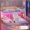 Triple Bunk Bed Twin Over Twin with Storage Staircase, RGB Lights & Power Outlets