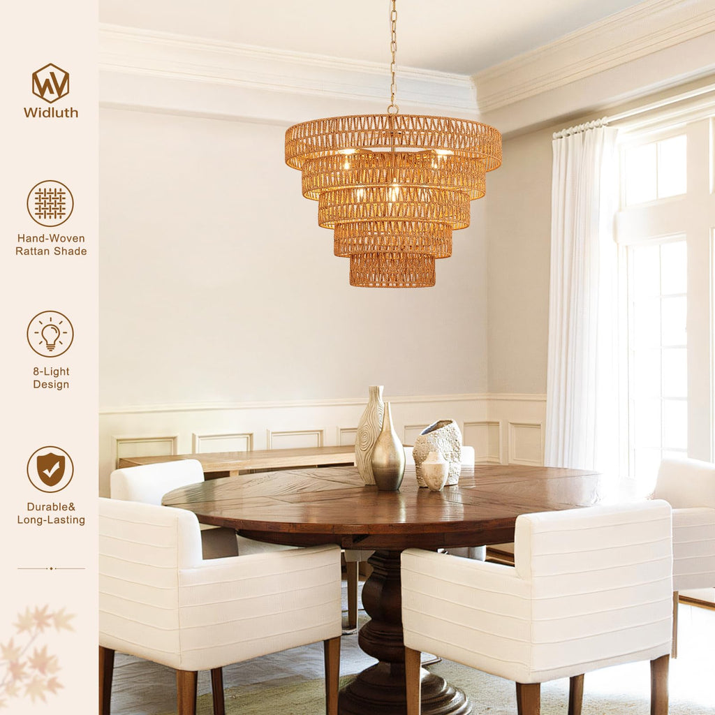 25.6" Gold Rattan Chandelier, 8-Light Boho Woven Light Fixture