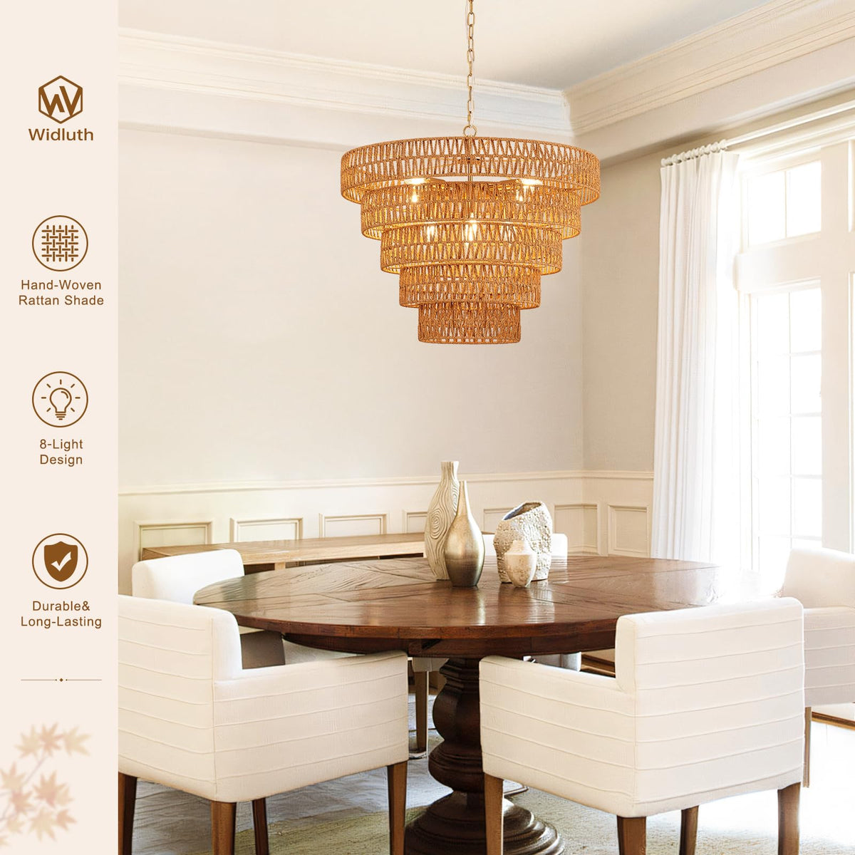 25.6" Gold Rattan Chandelier, 8-Light Boho Woven Light Fixture