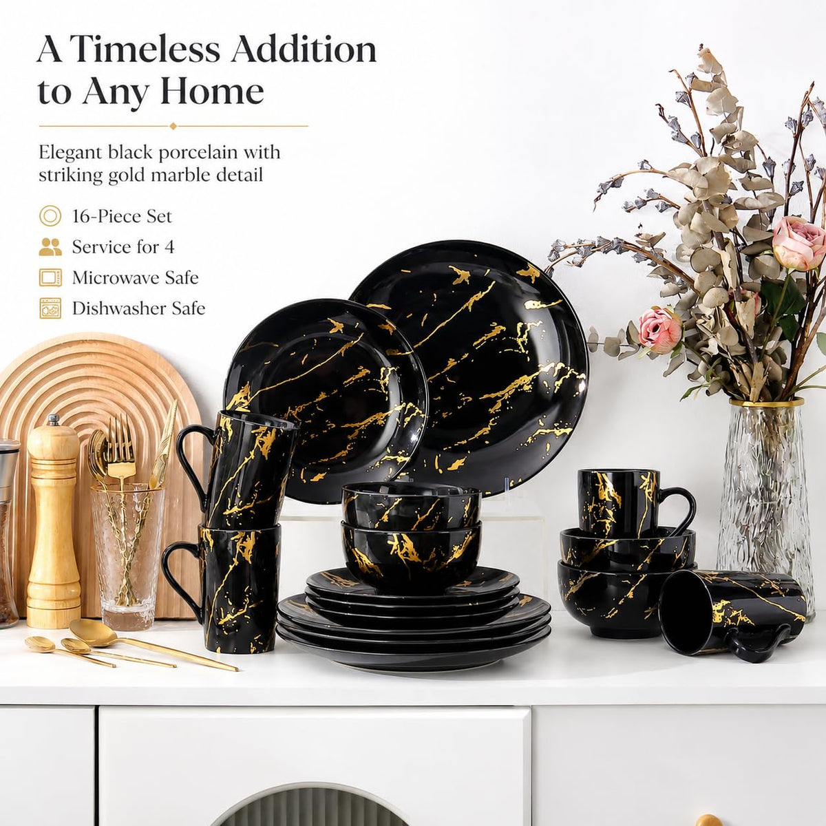 Black and Gold Marble Dinnerware Set for 4, 16-Piece Porcelain