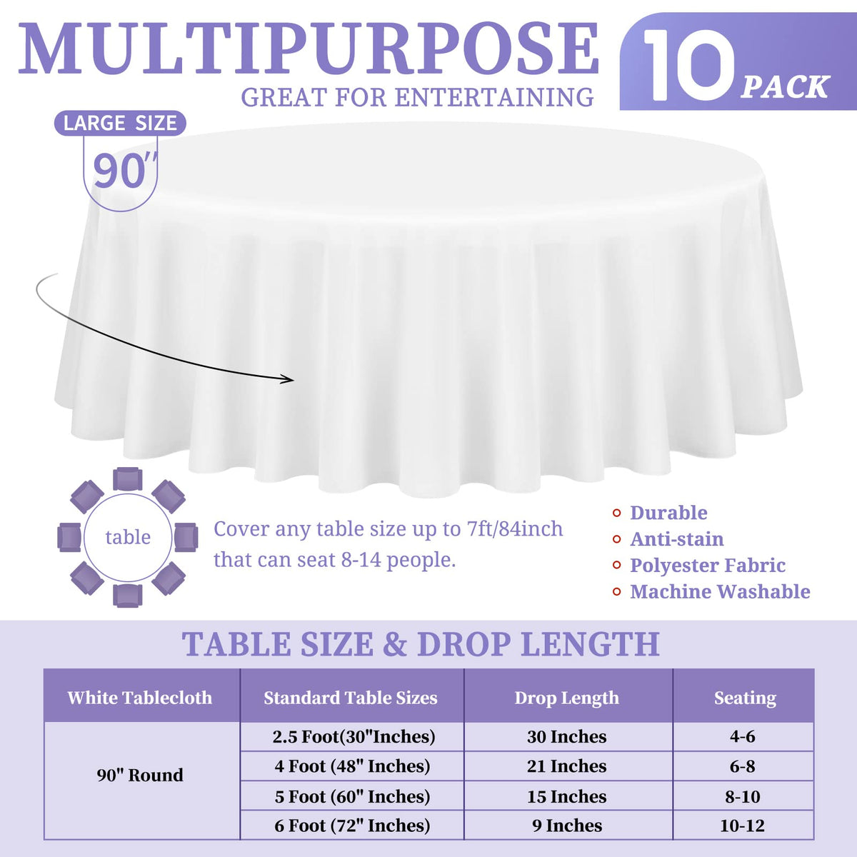 10 Pack White Round Tablecloth 90 Inch