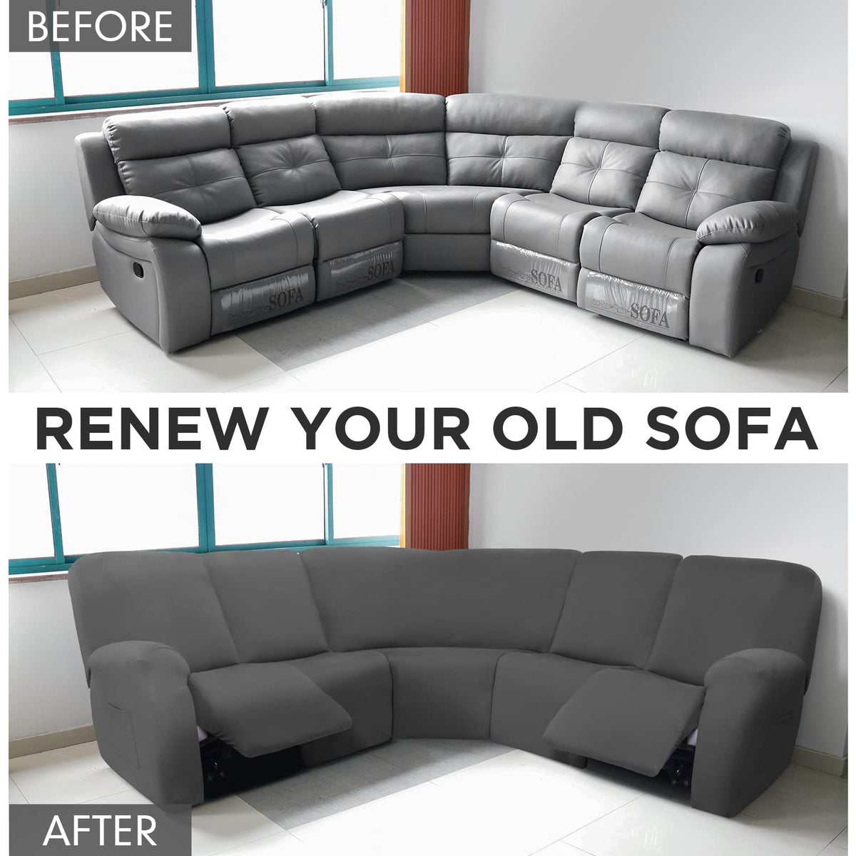 7 Pcs L Shape Sectional Sofa Covers, Dark Gray, Milk Silk