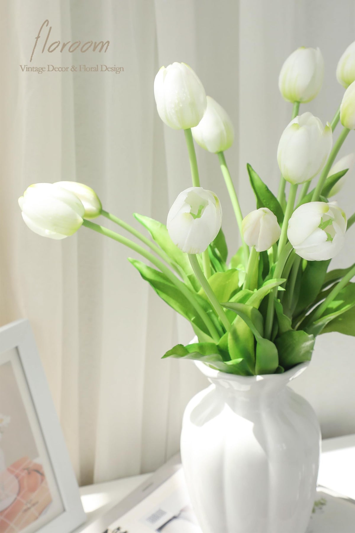 15 Pcs Ivory Artificial Tulips, Real Touch Latex Faux Bouquet with Buds, Lifelike Floral Stems, Fake Flowers for