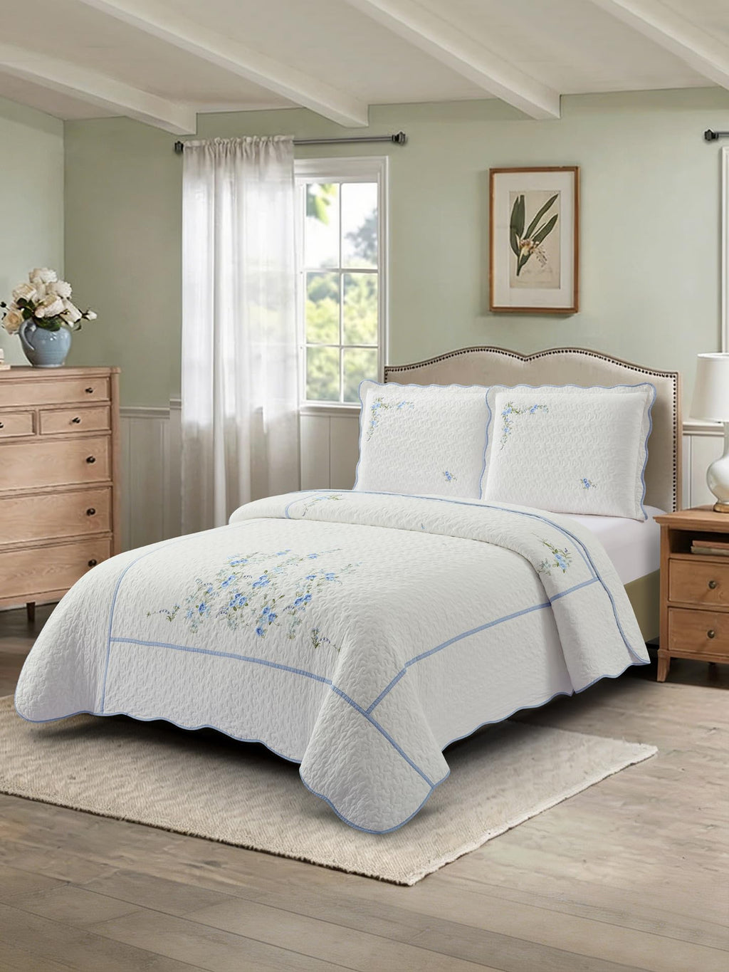 100% Cotton Quilt Set - 3-Piece Lightweight Bedspread Coverlet with Embroidery