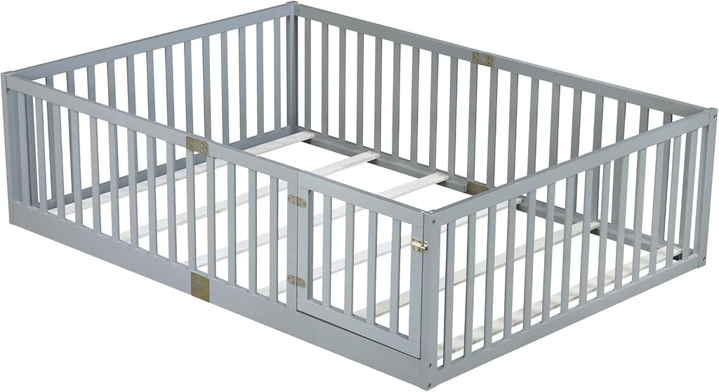 Toddler Floor Bed with Door&High Rails, Grey