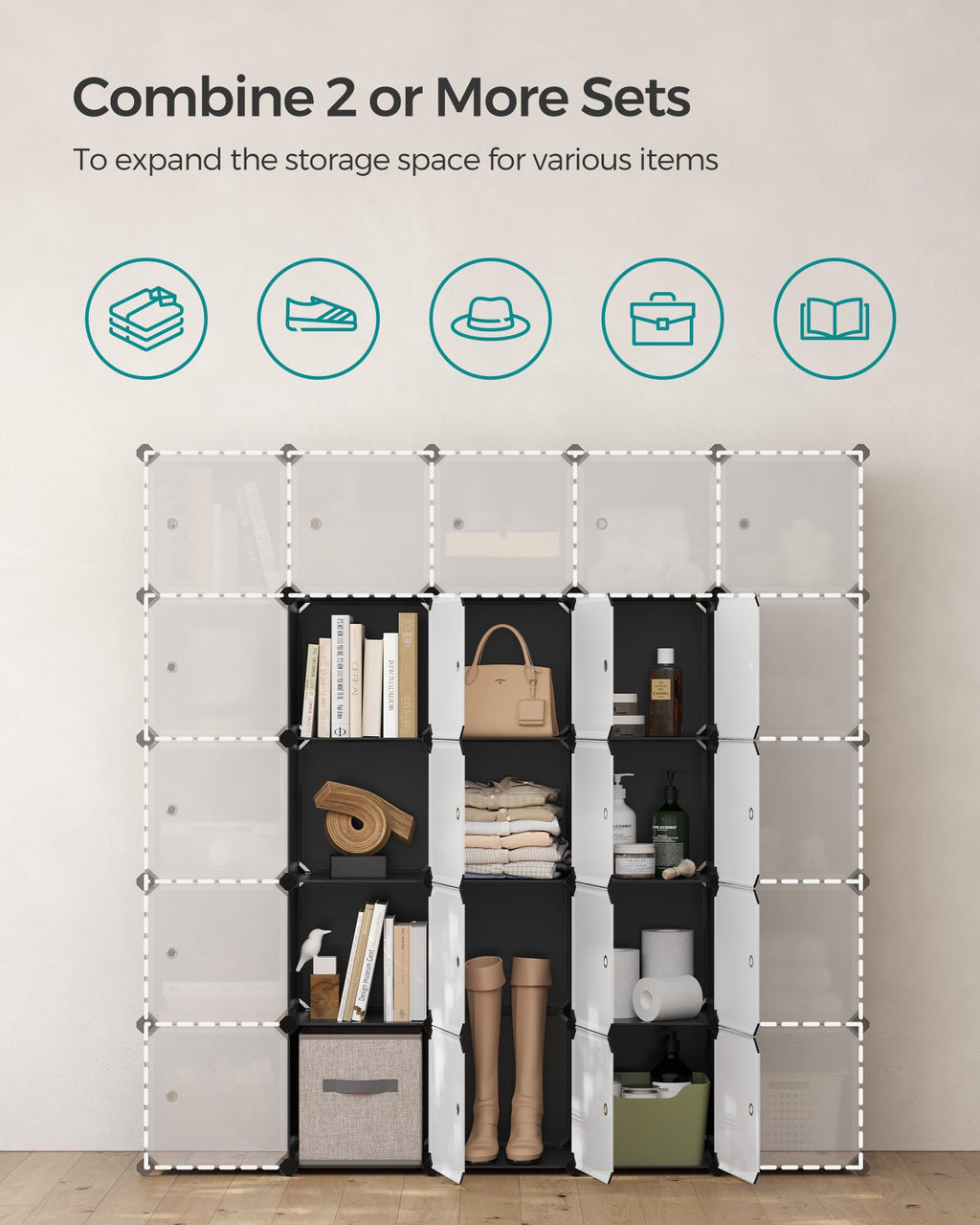 Cube Storage Organizer, Set of 16 Plastic Cubes, Closet Storage Shelves, DIY Plastic Closet Cabinet, Modular