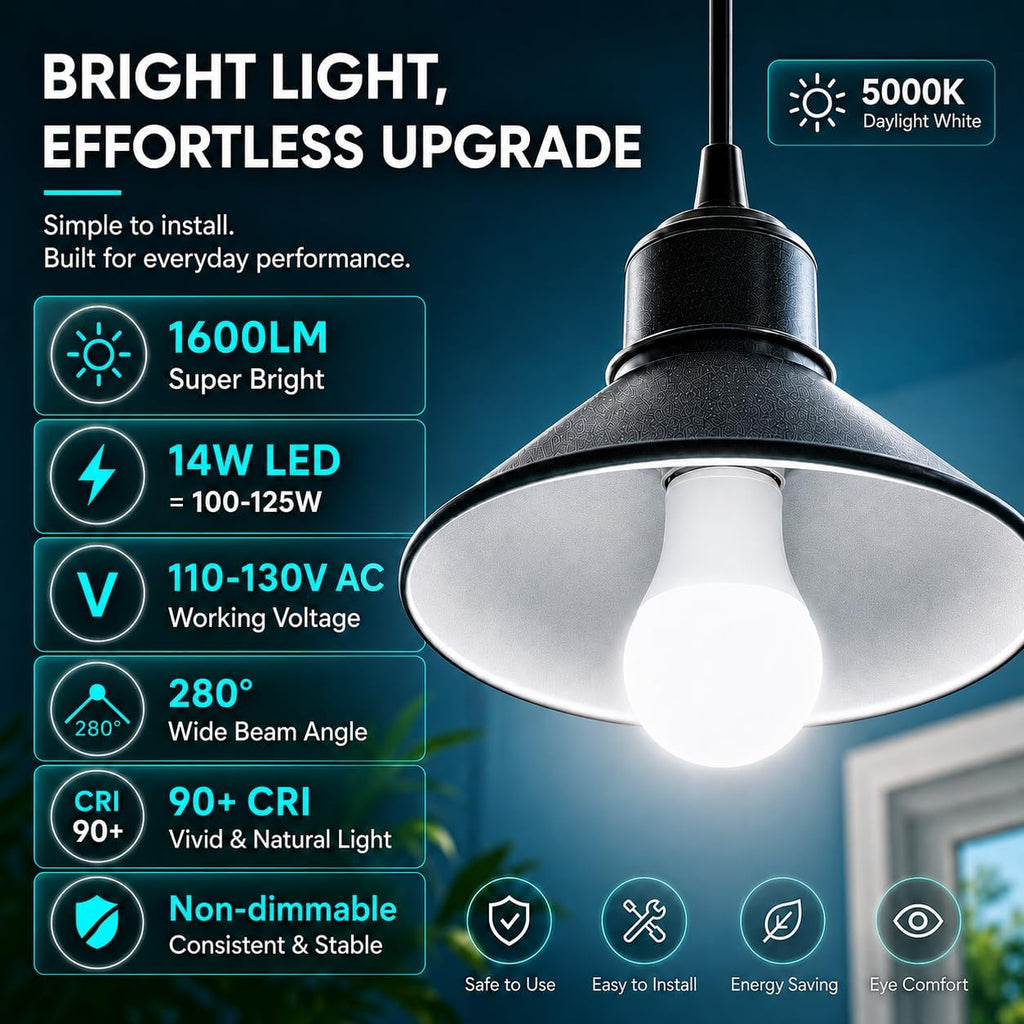 A19 LED Light Bulbs, 14W 1600 Lumens LED Bulbs 100-125 Watt Equivalent, 5000K Daylight White, E26 Edison Medium