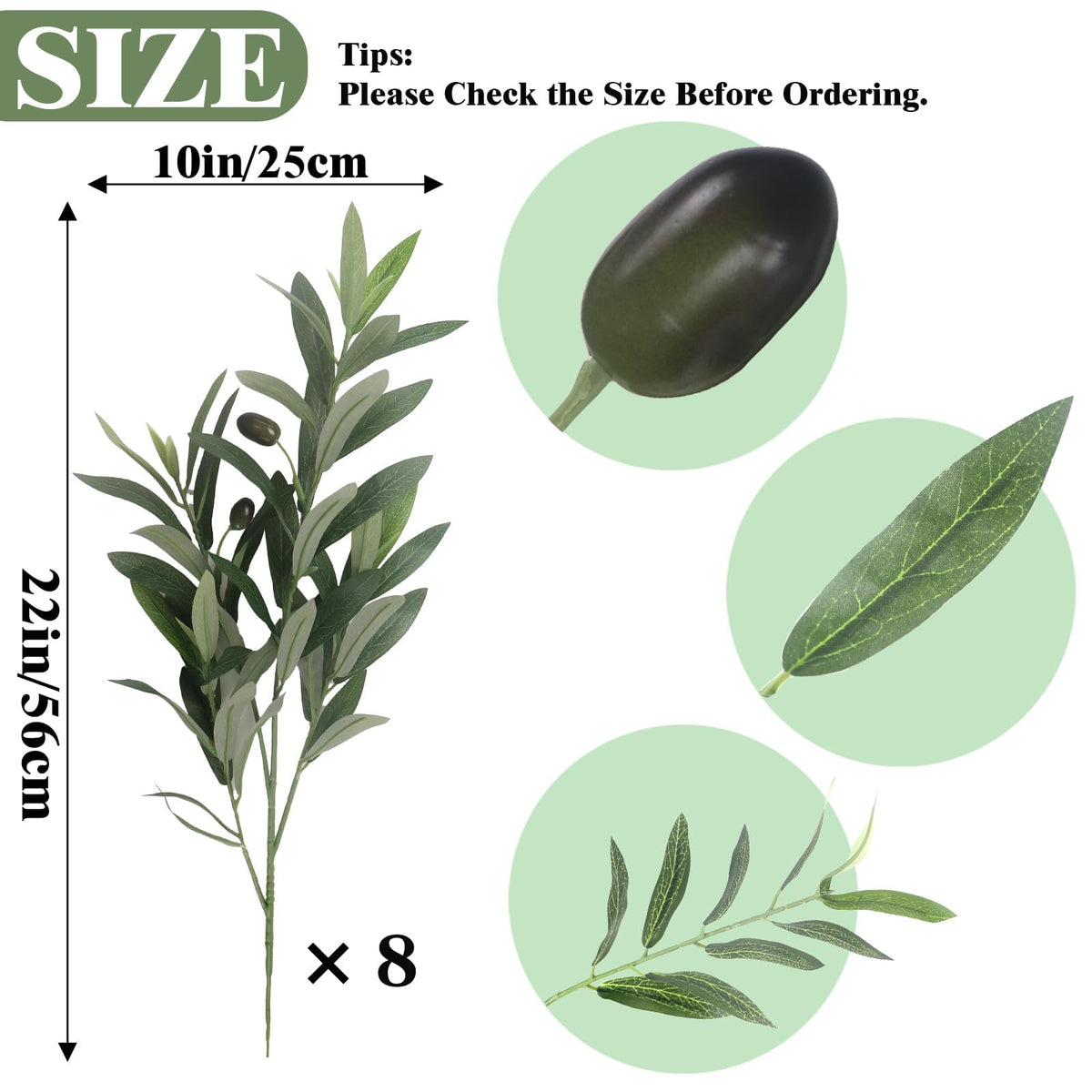 8 Pcs Artificial Olive Branches for Vase, 22" Fake Greenery Olive Leaves Stems Faux Tabletop DIY Plants Cafe Wedding