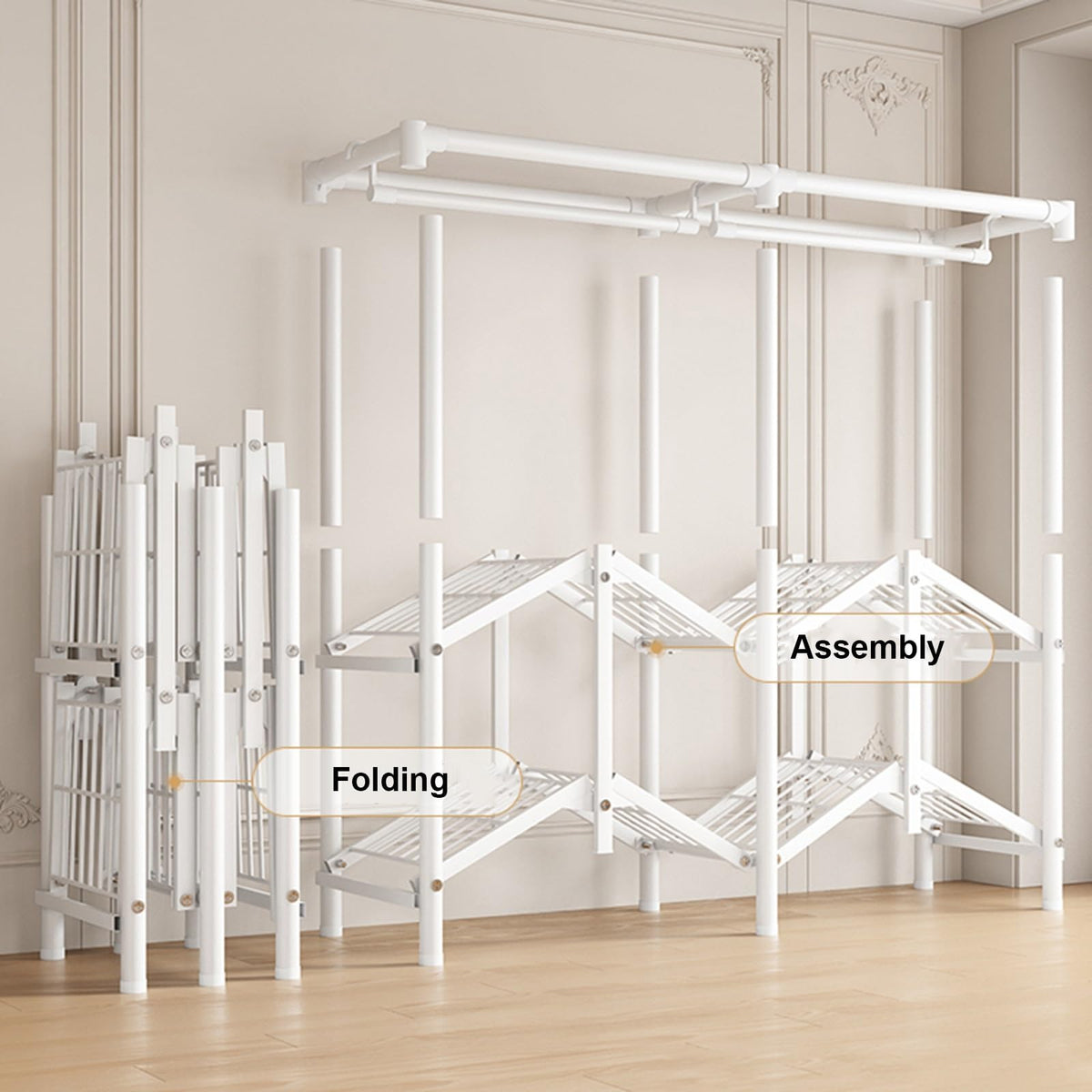 Portable Wardrobe Closet, Metal Freestanding Armoire with Fabric Cover, Large Capacity Clothes Organizer with Shelves